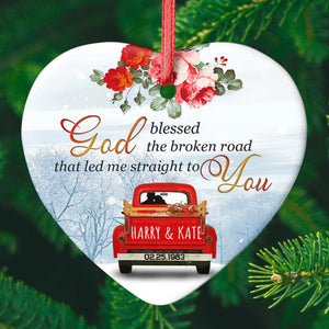 Personalized Love Couple Red Truck God Blessed The Broken Road That led me Straight to You Christmas Ornament