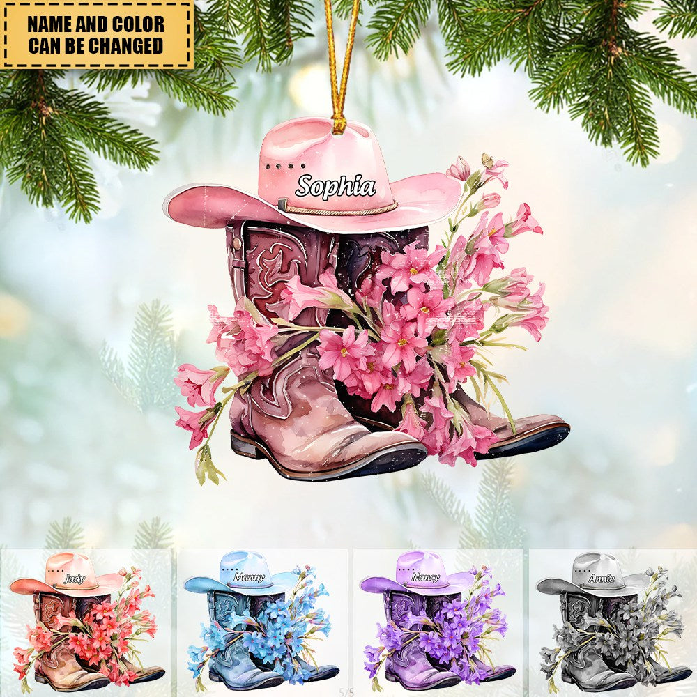 Personalized Boots And Hat Flower Cowboy Christmas Acrylic Ornament