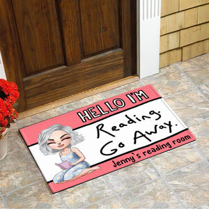 Hello I'm Reading Go Away - Personalized Doormat - Gift For Book Lovers - Girl Sitting Reading Book