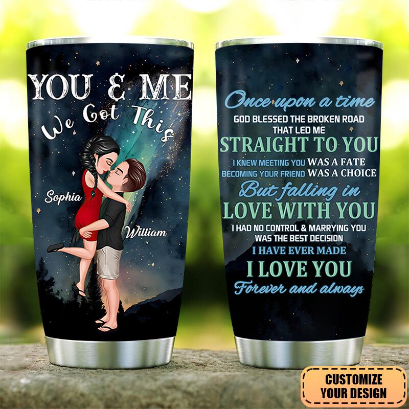 Hugging Kissing Doll Couple Under Stars Sky Personalized Custom Glitter Tumbler Gift For Husband Wife Anniversary