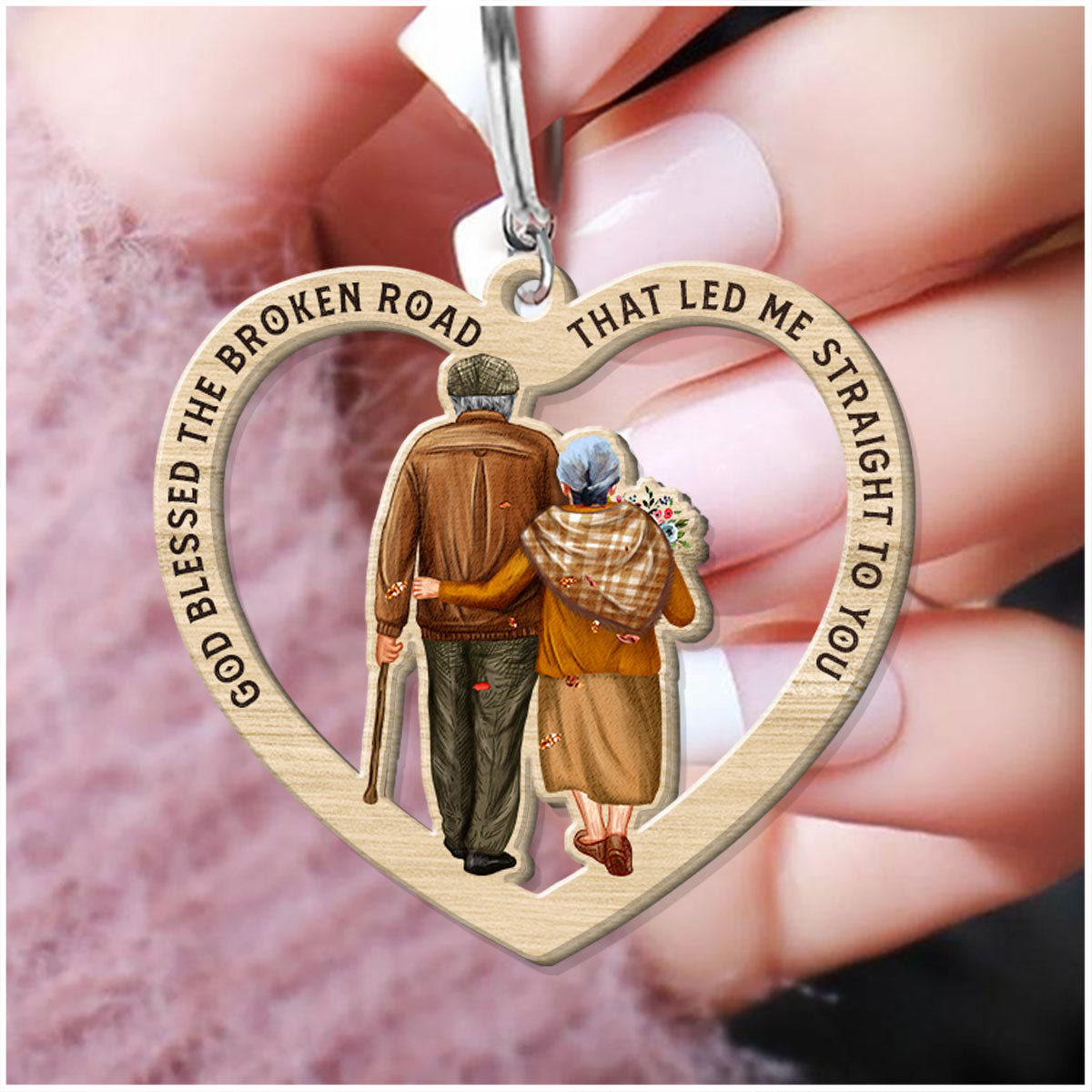 God Blessed The Broken Road That Led Me Straight To You Old Couple Personalized Wooden Keychain KNV12APR22DD2