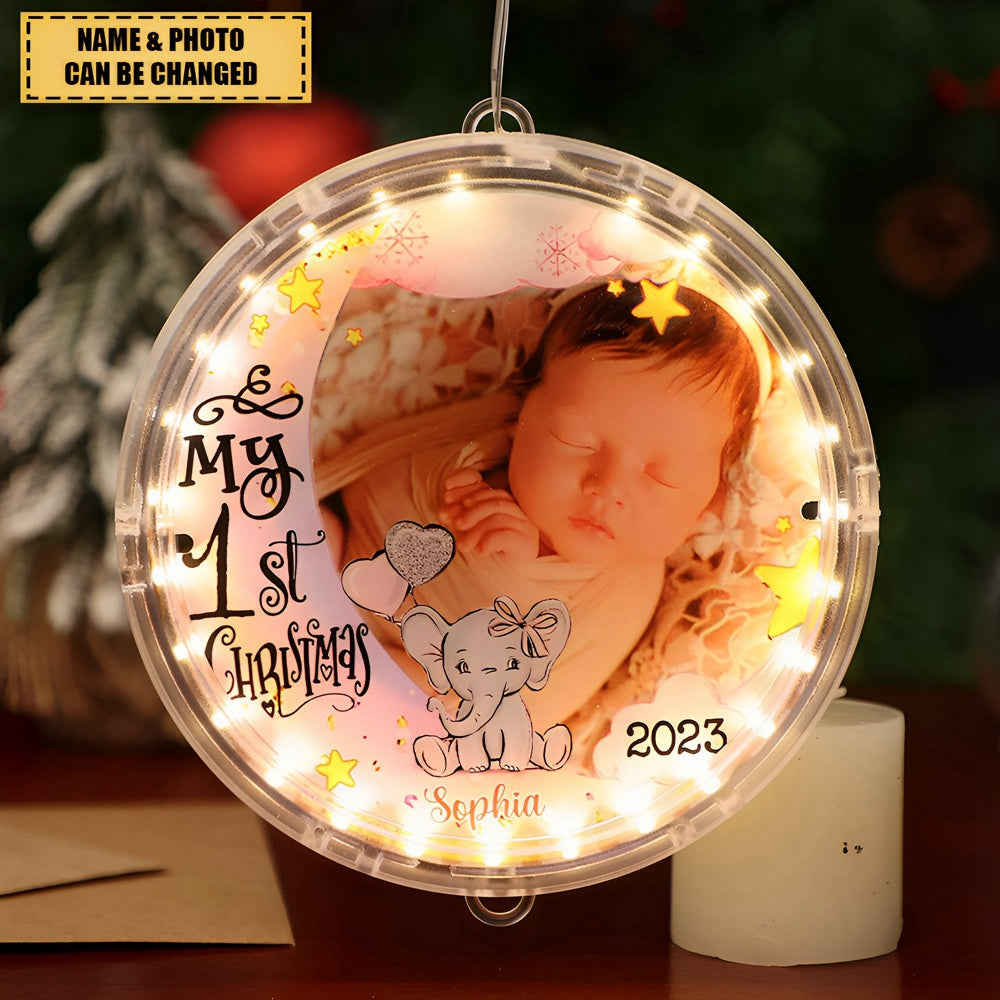 Baby's First Christmas Elephant Photo Circle Ornament With Light