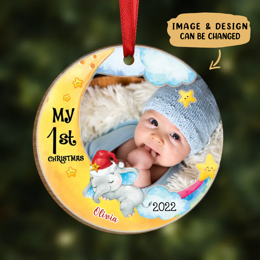 Baby's First Christmas Elephant Image Upload - Personalized Circle Ornament