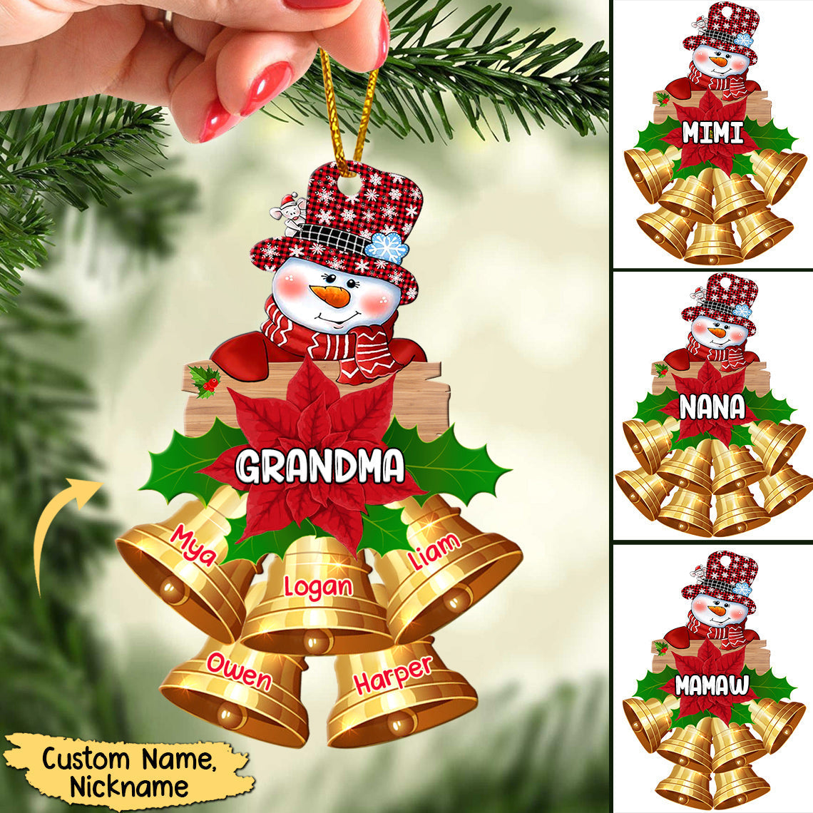 Snowman Grandma Nana Custom Nickname Names Christmas Bells Xmas Gift Acrylic Ornament