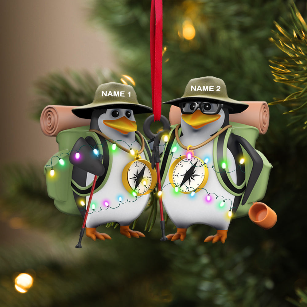 Hiking Penguins Couple Personalized Christmas Ornament, Cute Gift For Hiking Lovers