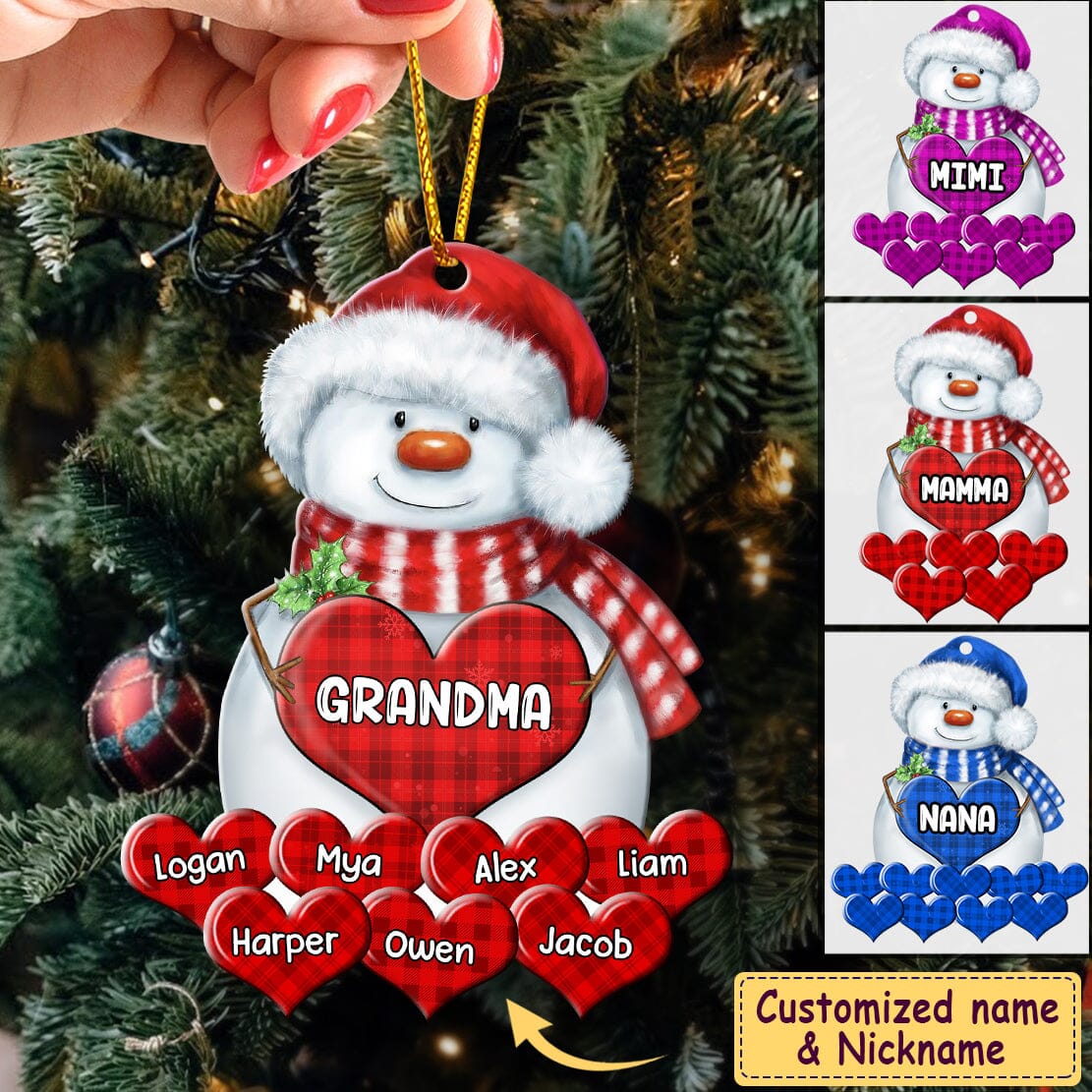 Colorful Christmas Snowman Grandma Mom Little Heart Kids Customized Ornament