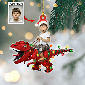 Personalized Cute Kid Rides The Dinosaurus Christmas Light Ornament