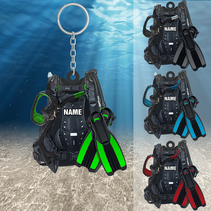 PERSONALIZED SCUBA DIVING EQUIPMENT KEYCHAIN, CUSTOM NAME FLAT KEYCHAIN FOR DIVER