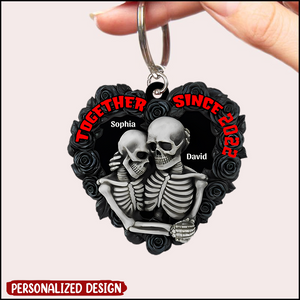 Personalized Skeleton Couple Keychain, Gift For Couple, Black Rose Heart Shape