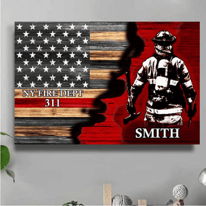 Half Thin Red Line Bunker Gear With Unit Number & Name, Personalized Firefighter Poster Print