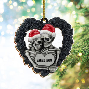 Skeleton Couple Custom Name Black Rose Heart Personalized Christmas Ornament