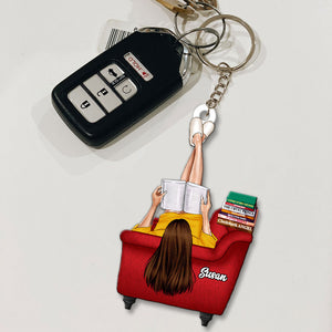 Girl Reading Book On Sofa Custom Book Titles, Personalized Keychain